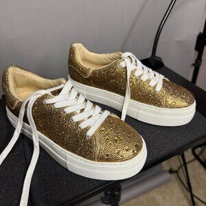 BETSY JOHNSON GOLD RHINESTONE LACEUP SNEAKERS